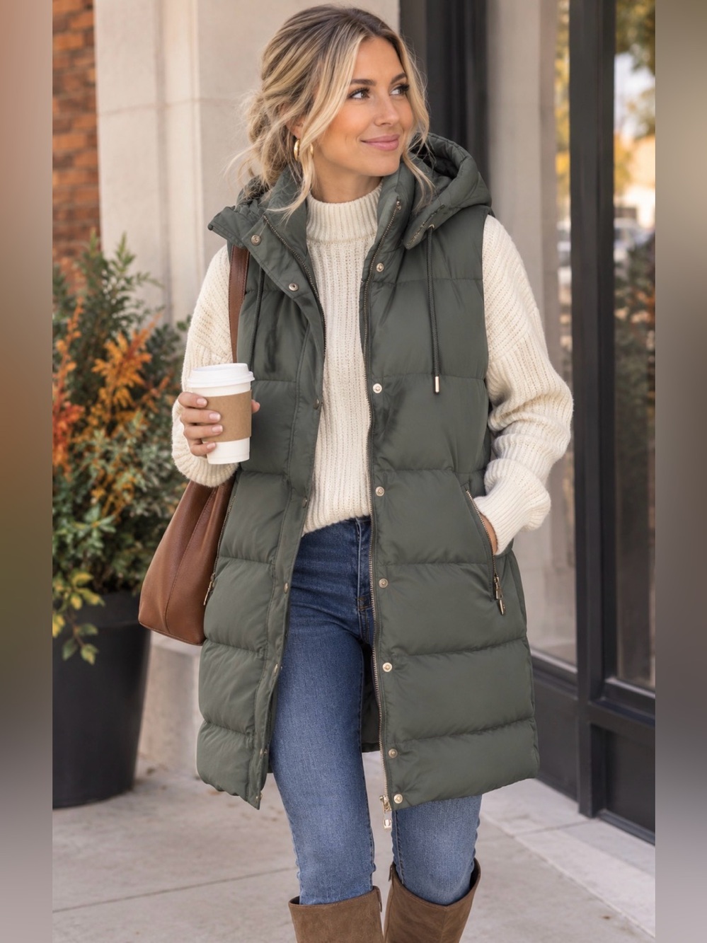 Zara Hooded Puffer Vest Green Size XL